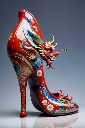 digital art, 8k,  picture of one high heel woman's shoe, the shoe is decorated like Ming Dragon Red Pattern, made of china, ceramic, whimsical, side view of shoe beautiful, highly detailed, whimsical, fantasy,,more detail XL