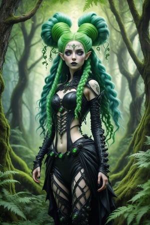 full body shot, action shot. cinematic, dynamic, realistic portrait of a dark magical female elf. a fusion of elaborate rococo, futuristic gothic elven punk. she has long vivid green hair in elaborate braids and buns. vivid mesmerizing eyes. a detailed background of an ancient forest, lush, ferns, trees, flowers, mushrooms. perfect female anatomy, goth person, pastel goth, dal, Gaelic Pattern Style, full body shot, action shot. cinematic, dynamic