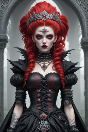 maeve irish celtic warrior queen, a fusion of elaborate rococo celtic punk fashion and edgy elements of elegant ancient celtic irish gothic punk, maeve has vivid red hair, she wears an elaborate gown with celtic punk-inspired details and gothic accessories. gothic crown, goth person,pastel goth,dal,GaelicPatternStyle