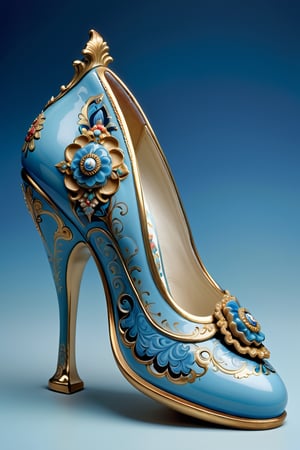 digital art, 8k,  picture of one high heel woman's shoe, the shoe is decorated like Chamberlain Worcester Celeste Blue Border, Gilded Scalloped Rims and Medallion, made of china, ceramic, whimsical, side view of shoe beautiful, highly detailed, whimsical, fantasy,,more detail XL