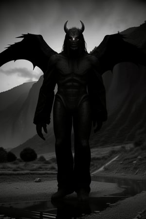 long shot, full body shot, a realistic, detailed, photograph, b&w black and white photo, showing a large giant demon, horrific, scary demon, entity about 20 feet tall, demon wings, long hands, long fingers, with sharp claws. the demon's arms are outstretched, flying above a high bridge over a river outside of an abandoned village. the atmosphere is eerie, horrific, fearful, scary, the demon is setting fire to the bridge