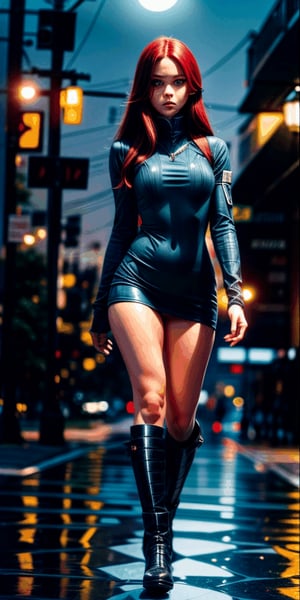 a beautiful yet fierce female assassin, long red hair, big green eyes, wearing an assassin's outfit, ninja, military boots, she is walking down a desolate rainy city street at night, there's a full moon in the sky, it is raining heavily, very detailed