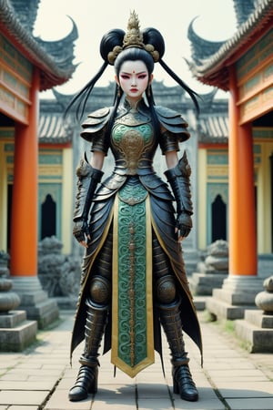 full body shot long shot of Lady Triệu, a vietnamese woman warrior. a fusion of elaborate rococo, ancient vietnam, vietnamese gothic punk. she has black hair in elaborate braids and buns. she has round large big copper eyes. she is vietnamese. she wears an elaborate ancient vietnamese female warrior outfit. she stands outside of an ancient vietnamese palace dynamic shot holding a sword above her head outside a traditional vietnamese palace. perfect female anatomy, goth person, pastel goth, dal, Gaelic Pattern Style, full body shot, long shot, Triệu Thị Trinh