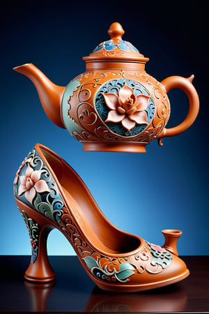 digital art, 8k,  picture of one high heel woman's shoe, made of Yixing clay, with a yixing teapot style intricate pattern, whimsical, side view of shoe beautiful, highly detailed, whimsical, fantasy,,more detail XL