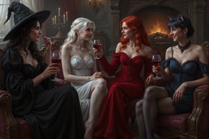 a beautiful young female witch with long curly black hair, pointy witch cap, witch outfit, beautiful young ghostly woman with white hair, the whitest pale skin, white dress, beautiful female vampire with vivid big long red hair, big red lips wearing a red victorian inspired velvet corsett dress, and beautiful cat woman, with cat ears and short blunt cut blue hair with bangs wearing a skin tight dark blue leather body suit are sitting together in an elaborate victorian house, in the living room sitting in front of a fire on chairs and couches, drinking wine, laughing and talking with each other. perfect anatomy, perfect hands, perfect faces.