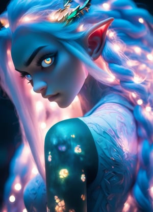 1/3 shot portrait dynamic pose, (sacred night and elf puppet),(ultra-fine HDR), extremely delicate and beautiful girl with translucent opalescent skin, closed mouth, glowing intricate round human detailed eyes, long vivid pastel colorful hair, glowing tattoos on face, 