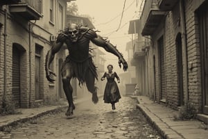 long shot, full body shot, a realistic, detailed, photograph, b&w black and white sepia photo, showing a large giant demonic, horrific, scary demon, entity about 12 feet tall, long hands, long fingers, with sharp claws. it is running down ann abandoned cobblestone street in an abandoned middle ages town. it is chasing a terrified woman in a medieval peasant dress. she is running from the demon, terrified, scared, horrified, her face twisted in anguish and fear, the demon is evil, scary and meanacing. the houses in town are shuttered, 