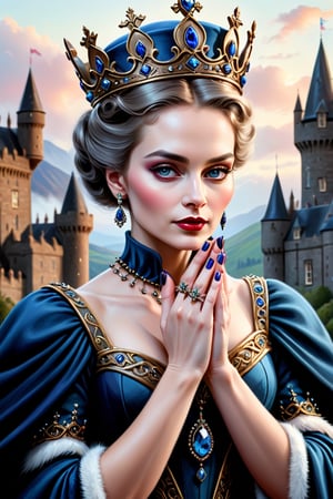digital art, The scottish queen, 8k, beautiful, highly detailed, whimsical, fantasy, perfect hands, manicured nails, 