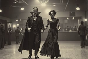 long shot, full body shot, a realistic, detailed, photograph, b&w black and white sepia photo, showing a roller skating rink. Dracula wearing his vampire costume and a female vampire wearing her vampire costume are holding hands, smiling and roller skating fast. a mirrorball is glittering, the atmosphere is eerie and strange.