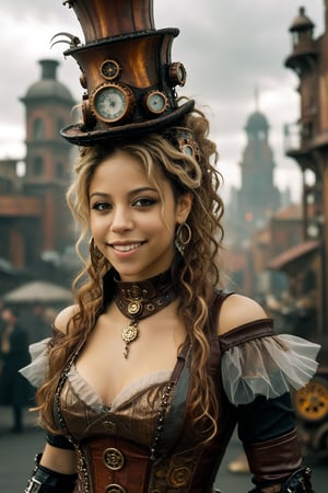 medium shot of 1girl, a happy and beautiful Shakira with a closed mouth smile. she is dressed in an elaborate steampunk outfit. behind her is a steampunk cityscape.