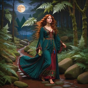 full body portrait, side view, extreme long shot inspired by the magic circle john william waterhouse, pre-raphaelite, a beautiful witch, smiling closed mouth with long curly vivid red hair and an elaborate pre-raphaelite gown embroidered with magical symbols is walking in a lush beautiful forest on a path at night full moon. her hands have twelve fingers. the detailed background forest has moss covered trees, ferns, rocks, trees. there is a full moon in the sky. john william waterhouse, pre-raphaelite