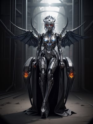 portrait of a cyborg android demon queen, pure evil, glowing red eyes, full body shot, very long talons on her hands, razor sharp mecha metal wings on fire and glowing, metal horns, fierce, detailed background of the queen sitting on a metal, gieger throne. full body, cyborg