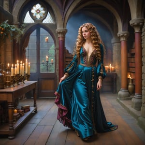 full body portrait, side view, extreme long shot of a beautiful pre-raphaelite woman smiling, walking in her witch lair in her castle she has blonde curly long hair and she wears an elaborate floor-length pre-raphaelite silk and velvet embroidered victorian gown. the detailed background shows a witch lair with ancient leather books, bottles of colored potions, magical items, lit candles. her hands are down at her sides. john william waterhouse, pre-raphaelite, perfect female anatomy. hands down at her sides.