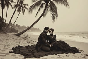 long shot, a realistic, detailed, photograph, b&w black and white sepia photo, showing a beautiful southern california deserted beach. a gothic man and woman, in full black gothic attire and make-up, are sitting on a black blanket at the beach under a palm tree. the atmosphere is eerie and strange.