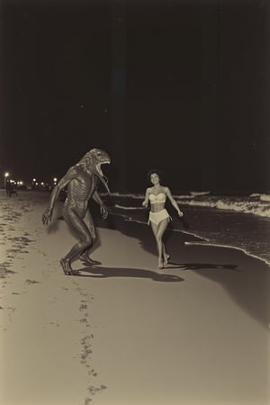 long shot, a realistic, detailed, photograph, b&w black and white sepia photo, showing a beautiful southern california deserted beach. the Creature from the Black Lagoon is running away from a woman in a 1950's bikini on the beach at night. the atmosphere is eerie and strange.