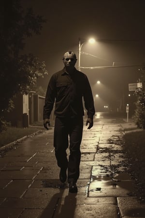 long shot realistic, detailed, photograph, b&w black and white sepia photo of Jason Voorhees walking down a neighborhood street at night. the atmosphere is eerie and strange.