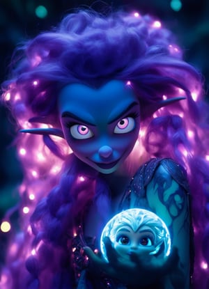 close up portrait (sacred night and elf puppet),(ultra-fine HDR),extremely delicate and beautiful girl, glowing intricate human detailed eyes, glowing tattoos on face, glowing floating translucent irridescent orb, big long purple hair, 