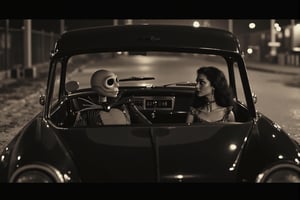 long shot, a realistic, detailed, photograph, b&w black and white sepia photo, the animated cartoon character Jack Skellington from nightmare before christmas and his animated cartoon girlfriend sally, are sitting in a 1950's car at night looking at each other. the atmosphere is eerie and strange.