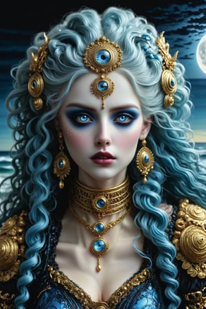 close up shot, cinematic, dynamic, realistic portrait of a beautiful ancient priestess. a fusion of elaborate rococo, ancient roman, ancient european gothic punk. she has long curly blue hair and blue eyes. she wears a elaborate priestess outfit in colors of blue, black, gold, bejewelled. a detailed background of an ocean beach at night, dark sky, full moon, perfect female anatomy, goth person, pastel goth, dal, Gaelic Pattern Style, close up shot, cinematic, dynamic