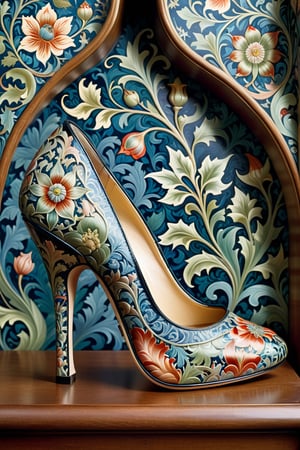 digital art, 8k, picture of a high heel woman's shoe, the woman's shoe has an intricate william morris wallpaper pattern, whimsical, side view of shoe beautiful, highly detailed, whimsical, fantasy, ,more detail XL
