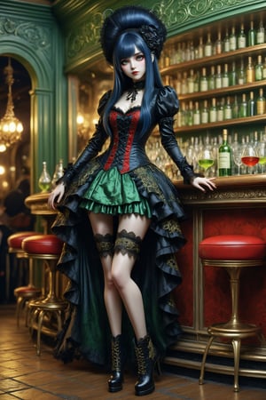 full body shot, side view a beautiful stunning french woman, standing to the right side of a bar in a french absinthe bar at night. on the bar counter are bottles and glasses of green absinthe next to her. her beautiful outfit is a fusion of elaborate rococo, high fashion gothic outfit with brocade patterned high-low skirt, luxurious fabrics, rich colors of gold, red,  black. knee high boots. she has large, round eyes. straight long vivid dark blue hair with fringe and bangs. perfect female anatomy, goth person, pastel goth, dal, Gaelic Pattern Style,