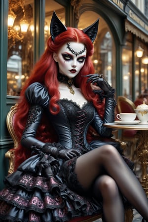 full body shot, action shot, a beautiful stunning cat woman, she sits in a french cafe drinking coffee at night. her beautiful outfit is a fusion of elaborate rococo, high fashion gothic, brocade rich fabrics, rich colors. she has large, round cat eyes. vivid very long red hair, she has elaborate gothic make-up, cat ears,  perfect female anatomy, goth person, pastel goth, dal, Gaelic Pattern Style,