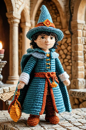 crocheted merlin the magician, standing in an ancient castle detailed with beautiful morgana in a medieval dress textures, ultra sharp, crocheted