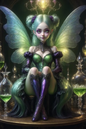full body shot, extreme long shot side view of a beautiful stunning tiny magical fairy lady sitting in an elaborate crystal wine glass with absinthe next to fancy alcohol bottles of vivid green absinthe and glasses of green absinthe laid out on the bar table in an elaborate french absinthe bar at night. the fairy is smaller than the bottles of absinthe. she has a mischevious smile. gossamer glittery opalescent fairy wings, her fairy outfit is a fusion of elaborate rococo, high fashion gothic, brocade rich fabrics, rich colors. she has large, round eyes. long pastel colorful hair in twin tails, buns, braids fringe and bangs. perfect female anatomy, goth person, pastel goth, dal, Gaelic Pattern Style, full body shot, extreme long shot 