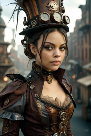 medium shot of 1girl, a beautiful Mila Kunis with a closed mouth smile. she is dressed in an elaborate steampunk outfit. behind her is a steampunk cityscape.