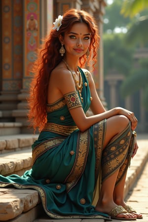 long shot, side view full body shot, realistic photgraphic image of young stunningly gorgeous and beautiful exotic asian indian woman in Ancient India. she sits on the steps of an ancient indian temple on the banks of the ganges river  with jasmine in her hair. she has a sweet sensual closed mouth smile, stunning big light green realistic eyes, rich colorful make-up and eyeliner on her eyes, thick big curly long red hair, she wears an ancient indian dress in silk, cotton and linen fabrics, colors of teal, gold and black, her outfit is richly and elaborately decorated, with embroidery and rich jewels, gold jewelry and ornaments, flat  sandals on her feet. her outfit and posture displays her wealth, behind her is the detailed realistic background of the Ancient Indian temple on the banks of a beautiful river, lush coconut trees, jasmine, rose, frangiapani bushes surround the temple. the temple is decorated with richly colored symmetrical Indian art, mythology and spiritual scenes decorating the walls, ancient hindu statues, palm, coconut, mango trees, incense pots with burning incense, perfect female anatomy