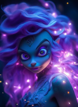 portrait dynamic pose, (sacred night and elf puppet),(ultra-fine HDR), extremely delicate and beautiful girl with translucent opalescent skin, closed mouth, glowing intricate round human detailed eyes, long vivid purple hair, glowing tattoos on face, 