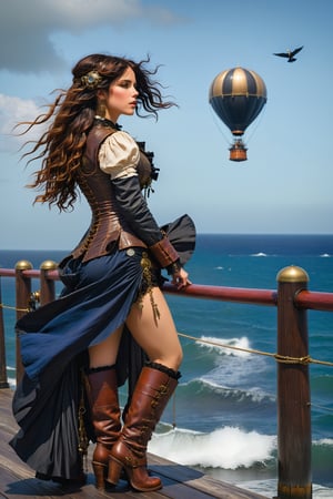 side view, wide view long shot. by john william waterhouse, pre-raphaelite, a beautiful steampunk slim, tall young woman standing on wooden pier next to the ocean. she has curly long jet black hair blowing in the wind. she wears an elaborate steampunk victorian outfit, long steampunk earrings, elaborate syeampunk necklaces, jacket, cloak and boots. in the background is a steampunk lighthouse, in the sky are a steampunk hot air balloon and steampunk airship. john william waterhouse, pre-raphaelite, perfect female anatomy.