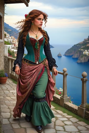 extreme long shot full body shot, by john william waterhouse, pre-raphaelite, a beautiful pre-raphaelite victorian slim tall young woman exploring a village on the amalfi coast italy. she has long red loose curly hair and green eyes. she wears an elaborate victorian outfit, long earrings, elaborate necklace, corset, long skirt, jacket, victorian black boots. detailed background of amalfi coast. john william waterhouse, pre-raphaelite, perfect female anatomy.