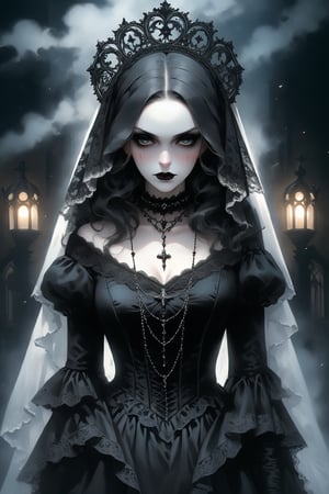 portrait of a sexy beautiful woman dressed in a long elaborate black gothic gown, resembling a ghostly figure apparition. She is wearing an elaborate gothic necklace, and a black lace veil on her head which adds to her eerie appearance. The woman's face is painted white, further enhancing the ghostly look. the detailed background is of a dark gothic mansion at night. swirling mists behind her. The overall atmosphere of the image is mysterious and haunting.  very_high_resolution,  , designed by Ilya kuvshinov, aw0k nsfwfactory,  aw0k magnstyle,  danknis,    Anime,  IMGFIX