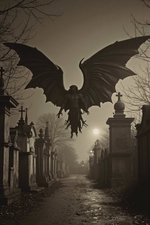 long shot, a realistic, detailed, photograph, b&w black and white sepia photo, a large gargoyle is flying over a deserted french cemetary at night. the atmosphere is eerie and strange.