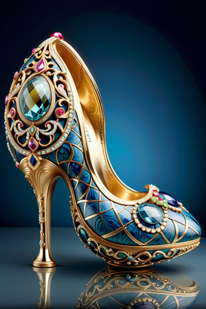 digital art, 8k,  picture of one high heel woman's shoe, the shoe has an intricate pattern of a faberge egg, made of ceramic, whimsical, side view of shoe beautiful, highly detailed, whimsical, fantasy,,more detail XL