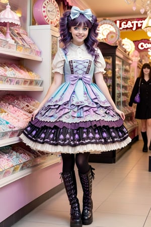 full body shot, beautiful happy young 17-year old girl model with vivid purple layered choppy voluminous straight hair and hair framing her face, she has light blue eyes, perfect pale skin and cute smile on her face. the girl is wearing a high fashion elaborate Dark Kawaii Lolita Dress in purples, blacks and whites, platform boots, intricate fabric patterns, cute intricate stockings, frilly, elaborate embroidery, lace, bows, buttons, high heeled boots. the girl has perfect manicured hands. the girl walking in an elaborate detailed elaborate candy store filled by many different types of candies and confections like lolipops, cotton candy, chocolates, full body shot 