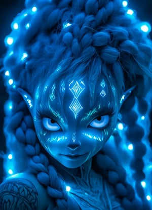 close up portrait (sacred night and elf puppet),(ultra-fine HDR), extremely delicate and beautiful girl with light blue traslucent skin, glowing intricate round human detailed eyes, glowing tattoos on face, glowing floating translucent orbs, blue hair in elaborrate braids and buns 