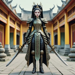 full body shot long shot of Lady Triệu, a vietnamese woman warrior. a fusion of elaborate rococo, ancient vietnam, vietnamese gothic punk. she has black hair in elaborate braids and buns. she has round large big copper eyes. she is vietnamese. she wears an elaborate ancient vietnamese female warrior outfit. she stands outside of an ancient vietnamese palace dynamic shot holding a sword above her head outside a traditional vietnamese palace. perfect female anatomy, goth person, pastel goth, dal, Gaelic Pattern Style, full body shot, long shot, Triệu Thị Trinh