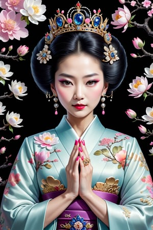 digital art, The queen of japan, 8k, beautiful, highly detailed, whimsical, fantasy, perfect hands, manicured nails, 