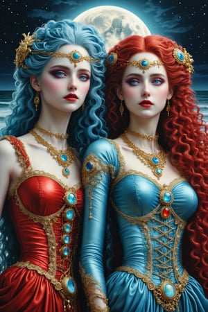 middle shot, cinematic, dynamic, realistic portrait of two beautiful ancient priestesses. side by side, looking at each other. embracing. a fusion of elaborate rococo, ancient roman, ancient european gothic punk. one has long curly blue hair and blue eyes. the other priestess has straight long red hair. they wear elaborate priestess outfits. bejewelled. a detailed background of an ocean beach at night, dark sky, full moon, perfect female anatomy, goth person, pastel goth, dal, Gaelic Pattern Style, middle shot, cinematic, dynamic
