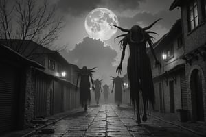 long shot, full body shot, a realistic, detailed, photograph, b&w black and white photo, showing a group of large giant demonic, horrific, scary, beings, entities about 12 feet tall, long hands, long fingers, with sharp claws. they are walking and floating floating down an abandoned cobblestone street in an abandoned middle ages town. all of the demonic entities are evil, scary and meanacing. the houses in town are shuttered, lanterns with lit candles, dark storm, night time, clouds in the sky, rain falling, windy, very dark night time sky, full moon partially obscured by dark clouds,
