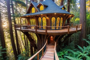 ((masterpiece)), (((best quality))), ((ultra-detailed)), beautiful elaborate exclusive well appointed treehouse deep in a lush redwood forest, rope bridges hang in between the house and trees in the forest, spacious treehouse. the tree house is 3 stories high with a spiral staircase up toe the 2nd and 3rd floors. gorgeous art nouveau style architecture, art nouveay stained glass windows, open floor plan, there is a large wooden deck around the perimeter of the treehouse, with richly appointed furniture, shafts of light through the canopy, beautiful blue sky,,aw0k euphoric style,aw0k euphoricred style, long shot from above looking down
