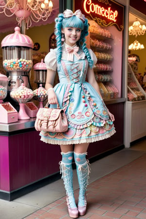 full body shot, beautiful happy young 17-year old girl model with light blue  extra long curly hair with elaborate braids and top buns and bangs, hair clips and adornments in her hair. she has light blue eyes, perfect pale skin and cute smile on her face. the girl is wearing a high fashion elaborate sweet lolita outfit, cute stockings, frilly, elaborate embroidery, lace, bows, tassels, cute high heeled boots, and she has perfect manicured hands. she is holding a very cute lolita purse handbag. the detailed background behind the girl is an elaborate upper class cluttered style candy store inspired by willie wonka with many different types of candies and confections surrounding the girl including big colorful lolipops, cotton candy, chocolate fountain, marshmellows, bubble gums, multi colored hard candies in glass canisters, full body shot 