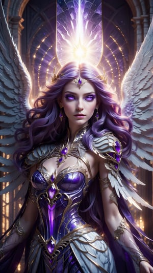 close up portrait of a beautiful queen of the angels glowing, magnificent, serene, vivid amethyst hair, large amethyst eyes, she is wearing an elaborate gown, detailed background of a heavenly castle of light marble, AngelicStyle,more detail XL, 