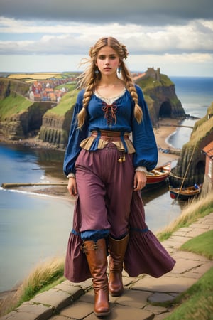 extreme long shot, full body shot,  by john william waterhouse, pre-raphaelite, a beautiful pre-raphaelite victorian, tall young woman stands in Staithes, England. she has long blonde hair in twin tails. she wears an elaborate victorian outfit, long sleeve poet shirt, long skirt, leather boots. she wears long dangle boho earrings detailed background of Staithes, England and coast. john william waterhouse, pre-raphaelite, perfect female anatomy.