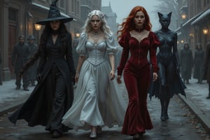 action shot, a beautiful young female witch with long curly black hair, pointy witch cap, winter witch outfit, beautiful young ghostly woman with white hair, the whitest pale skin, winter white dress, beautiful female vampire with vivid big long red hair, big red lips wearing a winter red victorian inspired velvet corsett dress, and beautiful cat woman, with cat ears and short blunt cut blue hair with bangs wearing a winter skin tight dark blue leather bodysuit they are walking down a cobblestone street with snow in a harry potter style town, snow flakes falling,  perfect anatomy, perfect hands, perfect faces.