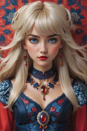 combine all of the below to make a beautiful icelandic woman, light blonde straight layered hair with bangs, wearing an elaborate icelandic inspired necklace, jewelry, long dangle earrings, corset in colors of red and navy blue, hayv kahraman style, background of vivid colorful intricate william morris wallpaper