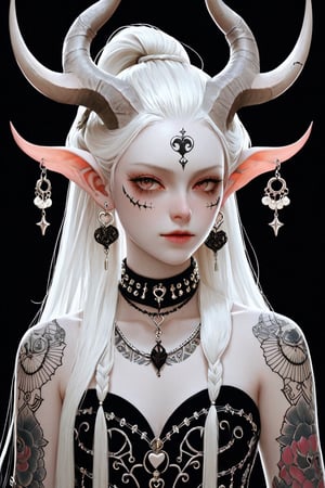 1 girl, portrait, (masterful), albino demon girl with hair pulled up in one high ponytail wearing a decorated bra, detailed intricate symmetrical tattoos of magical symbols, patterns on her shoulders arms and upper chest, (long intricate horns), elaborate jewelry, best quality, highest quality, extremely detailed CG unity 32k wallpaper, detailed and intricate, looking_at_viewer, goth person, white backdrop