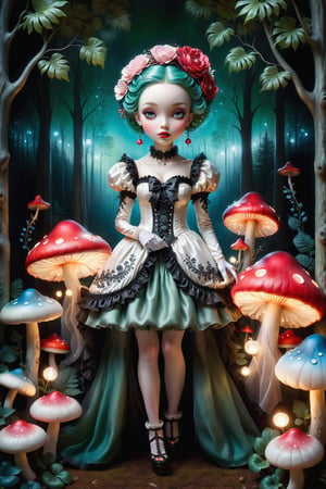 Cinematic full body shot of a beautiful young sweet gothic lolita woman in the artistic style of Nicoletta Ceccoli, Mark Ryden and Esao Andrews. minimalist style. sweet smile. bright blue eyes. long green hair. she is standing in a magical forest with beautiful trees, illuminated flowers, mushrooms, ferns, small glowing floating orbs in multiple colors. it is night time, full moon. dark sky outside of her window. she wears an elaborate gothic lolita dress in pink white red black colors. gloves on her hands. elaborate large earrings, feeling of exquisite beauty, whimsical dreams and magic. extremely detailed, (((perfect female anatomy))). extremely detailed, in the style of esao andrews, full body shot. head to toe shot. 